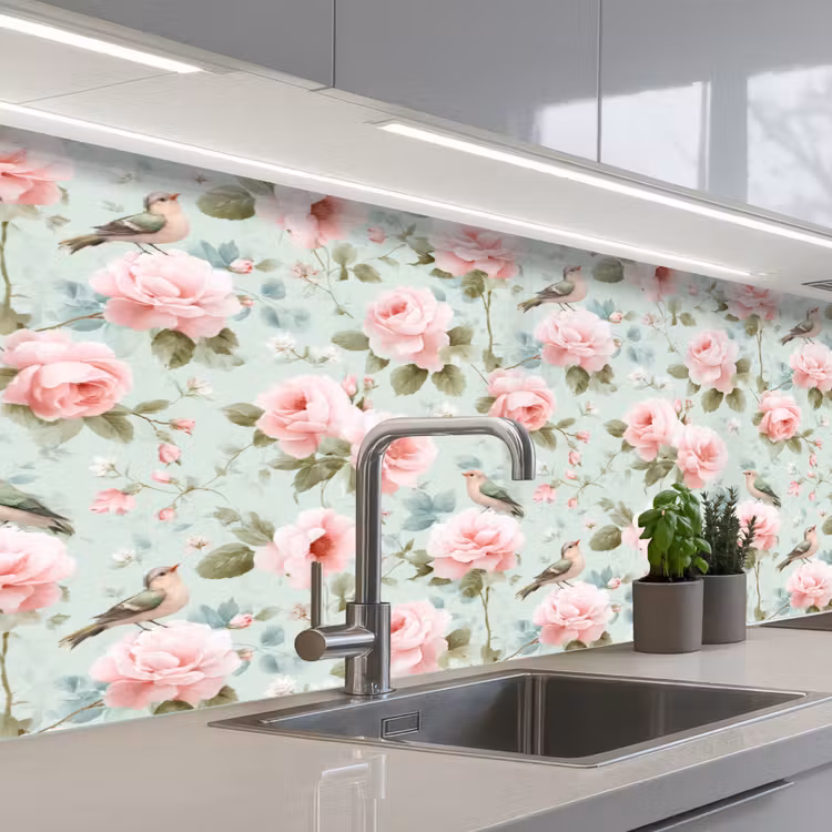 Keuken achterwand - Rozen - Vogels - Pastel - Kleurrijk — 2