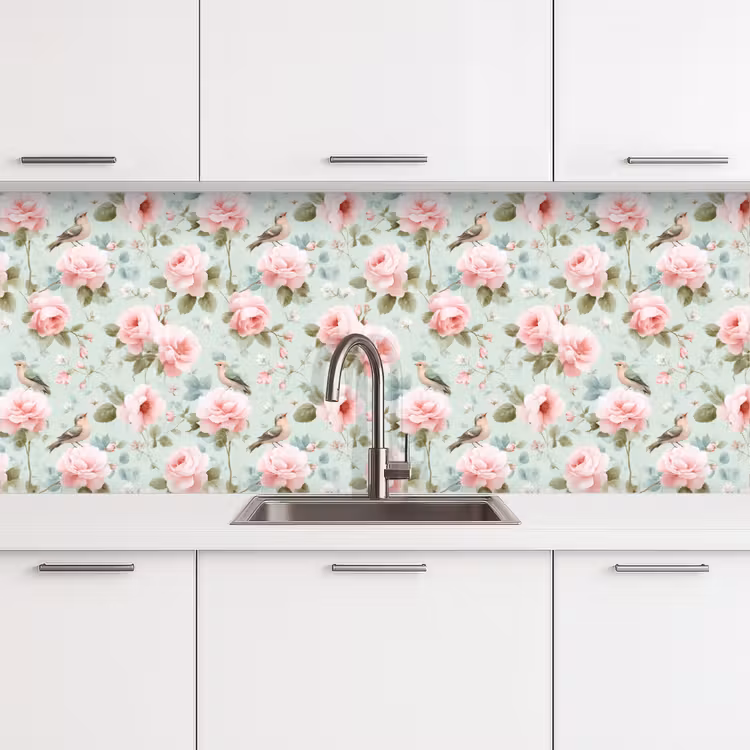 Keuken achterwand - Rozen - Vogels - Pastel - Kleurrijk — 4