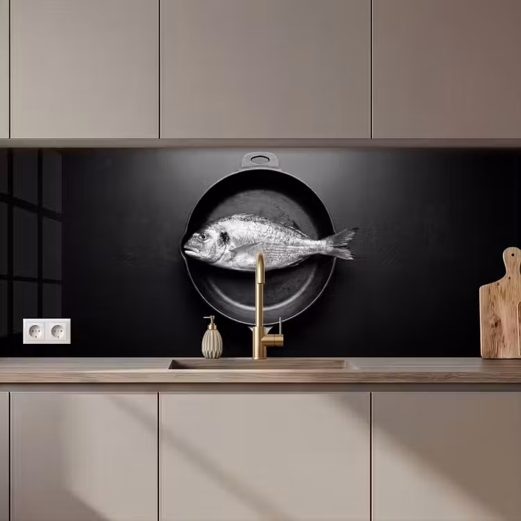 Keuken achterwand - Pan - Vis - Zwart - Wit — 1