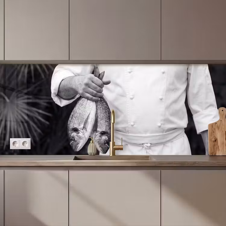 Keuken achterwand - Vissen - Chef - Zwart - Wit — 1