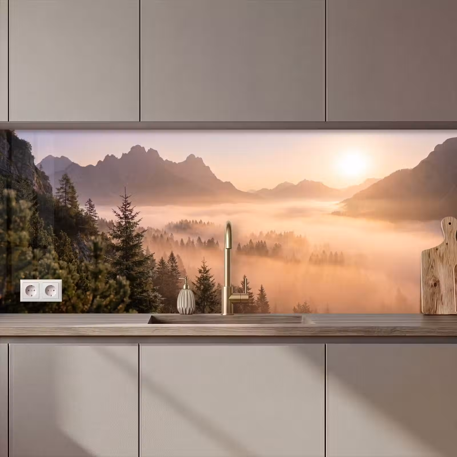 Keuken achterwand - Zonlicht - Mist - Bergen - Bomen — 1