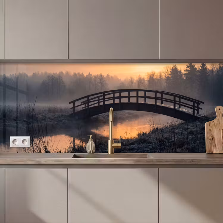 Keuken achterwand - Brug - Mist - Bomen - Water — 1