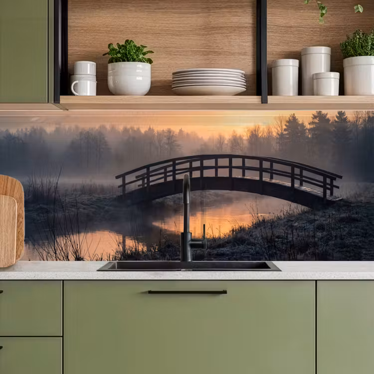 Keuken achterwand - Brug - Mist - Bomen - Water — 8