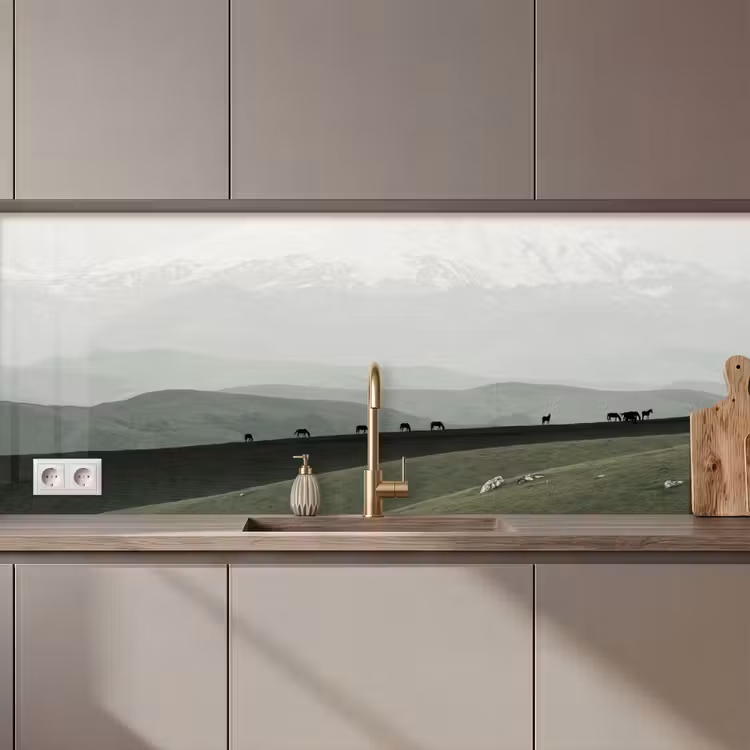 Keuken achterwand - Grijs - Berg - Paarden — 1