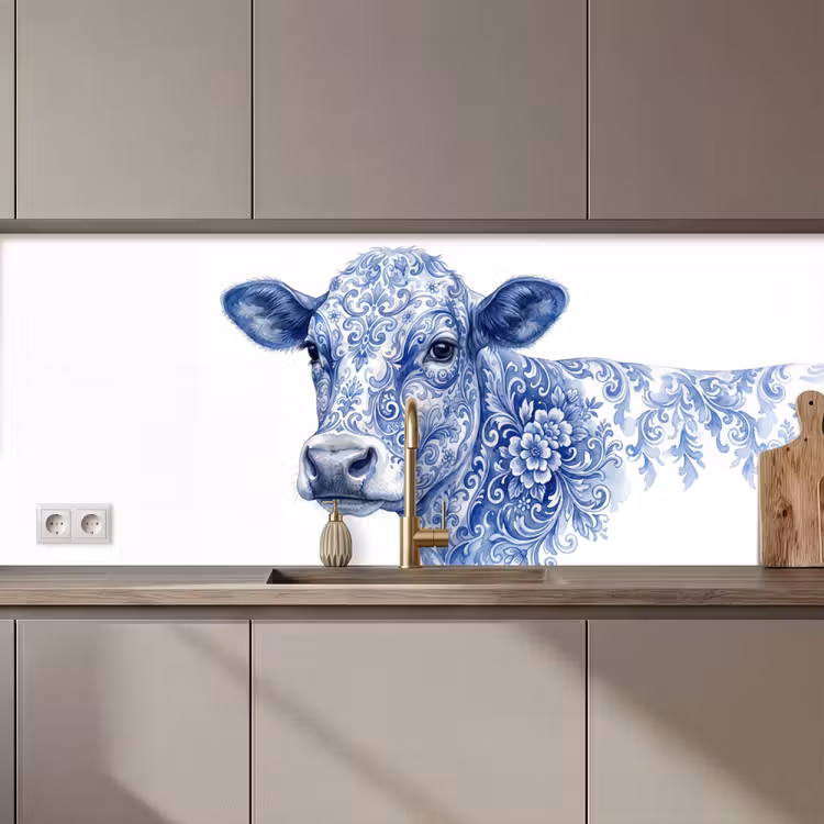 Keuken achterwand - Illustratie - Koe - Blauw — 1