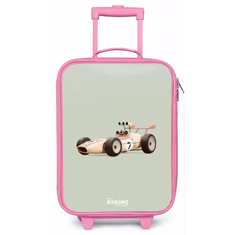 Kinderkoffer - Roze - Beige retro raceauto op groen achtergrond — 1