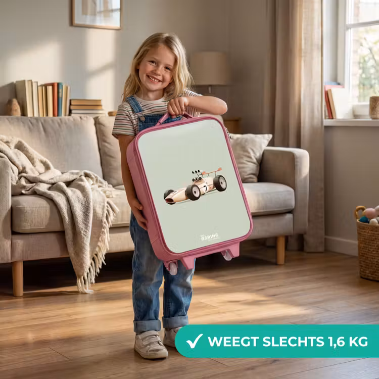 Kinderkoffer - Roze - Beige retro raceauto op groen achtergrond — 2