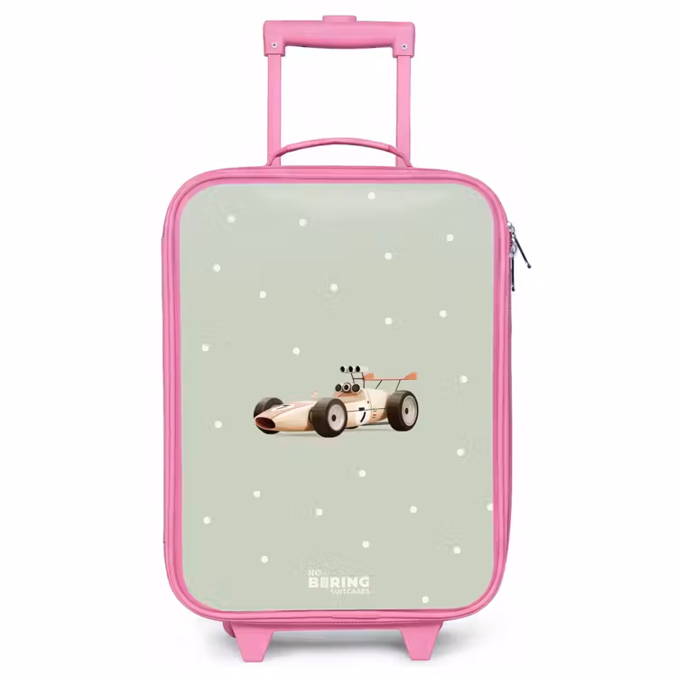 Kinderkoffer - Roze - Beige retro raceauto op groene stippen achtergrond — 1