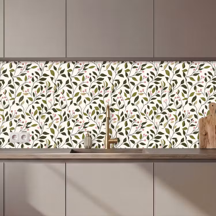Keuken achterwand - Bladeren - Bessen - Roze — 1