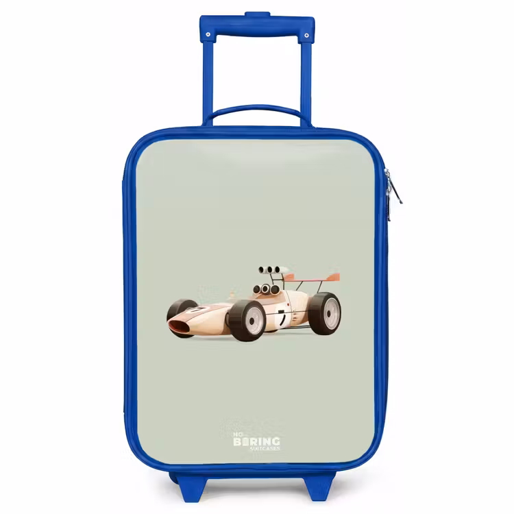 Kinderkoffer - Blauw - Beige retro raceauto op groen achtergrond — 1
