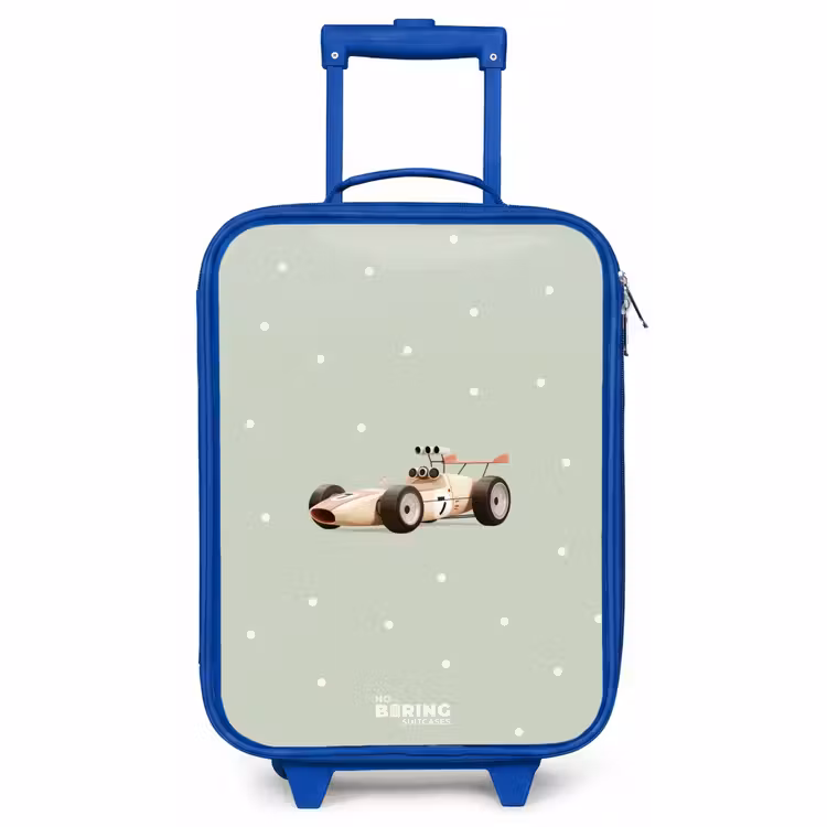 Kinderkoffer - Blauw - Beige retro raceauto op groene stippen achtergrond — 1