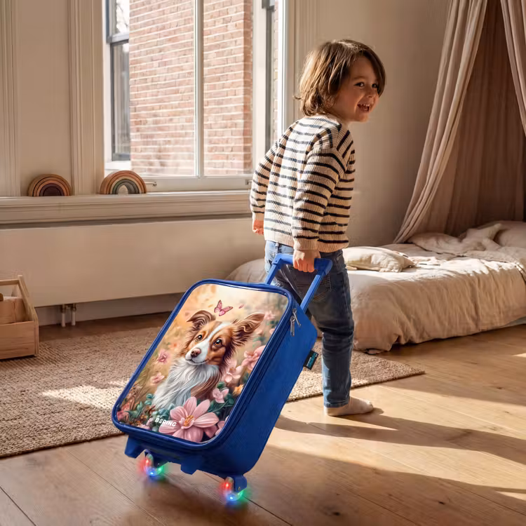 Kinderkoffer - Blauw - Hond in bloemenveld met vlinders — 3