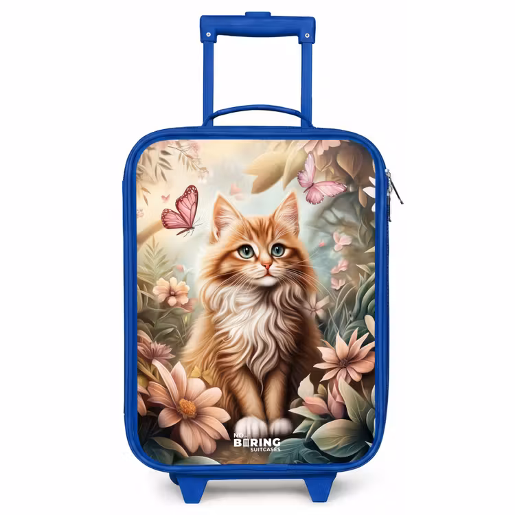 Kinderkoffer - Blauw - Kat in bloemenveld met roze vlinders. — 1