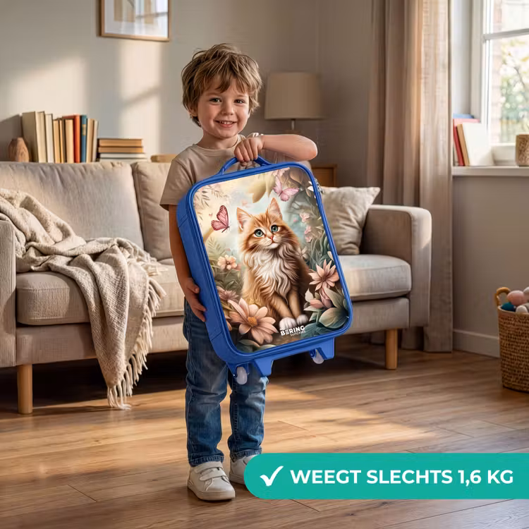 Kinderkoffer - Blauw - Kat in bloemenveld met roze vlinders. — 2