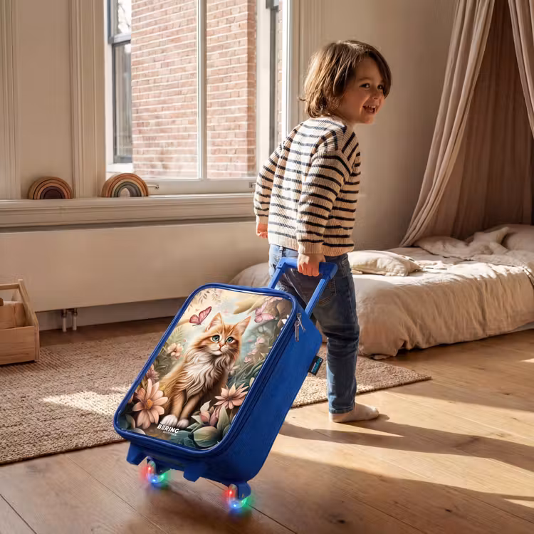 Kinderkoffer - Blauw - Kat in bloemenveld met roze vlinders. — 3