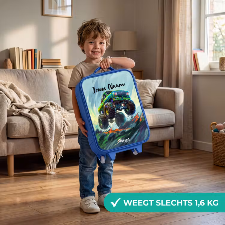 Kinderkoffer - Blauw - Groene Monstertruck met Penseelstreken — 2