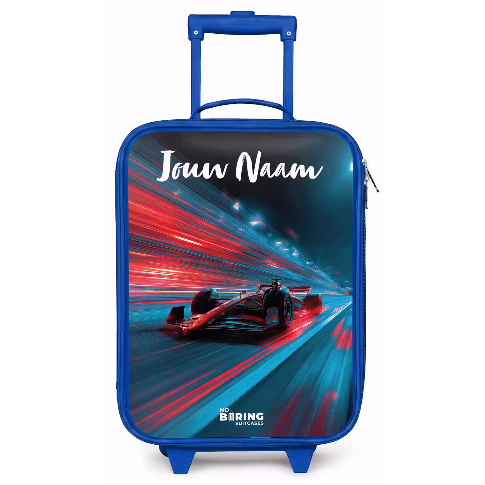 Kinderkoffer met naam - Blauw - Formule 1 - Raceauto - Rood - Neonverlichting — 1