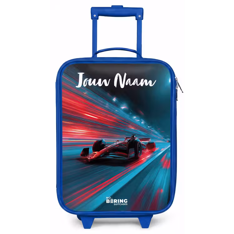 Kinderkoffer met naam - Blauw - Formule 1 - Raceauto - Rood - Neonverlichting — 1