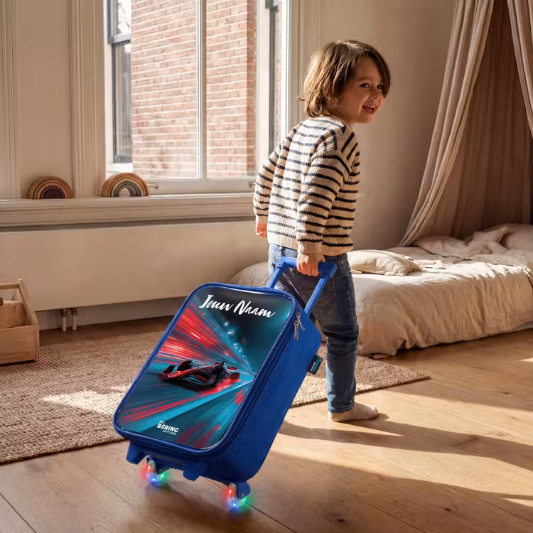 Kinderkoffer met naam - Blauw - Formule 1 - Raceauto - Rood - Neonverlichting — 3