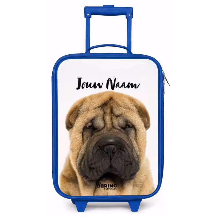 Kinderkoffer met naam - Blauw - Hondje met Boos Hoofd — 1