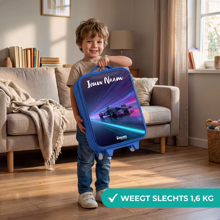 Kinderkoffer met naam - Blauw - Lichtstralen - Neon - Racewagen - Paars — 2