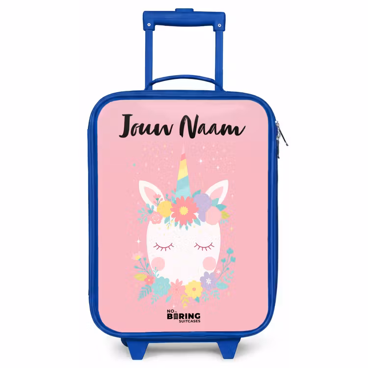 Kinderkoffer met naam - Blauw - Eenhoorn - Bloemen - Roze — 1