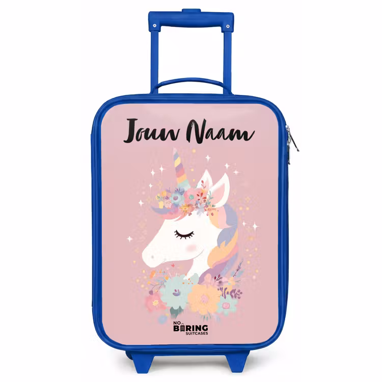 Kinderkoffer met naam - Blauw - Eenhoorn - Roze - Bloemen — 1