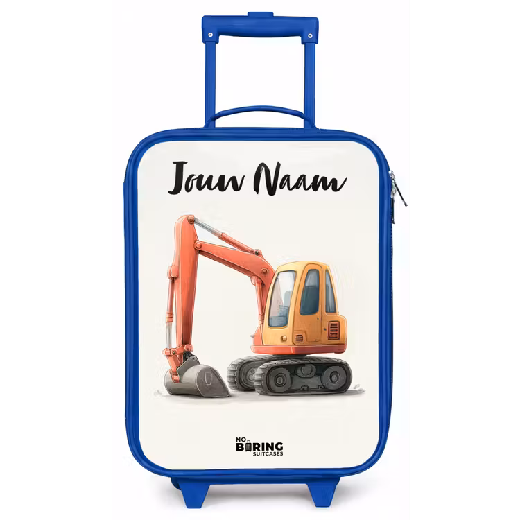 Kinderkoffer met naam - Blauw - Graafmachine - Getekend - Oranje — 1