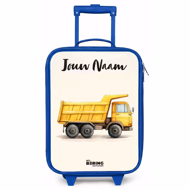 Kinderkoffer met naam - Blauw - Kiepwagen - Getekend - Geel — 1