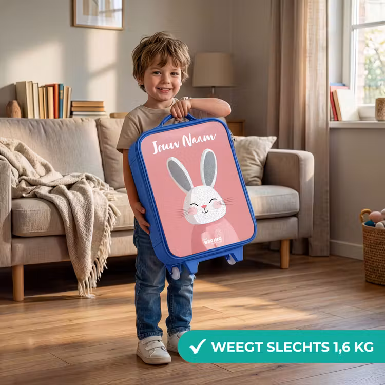 Kinderkoffer met naam - Blauw - Konijn - Blosje - Stippen - Roze — 2