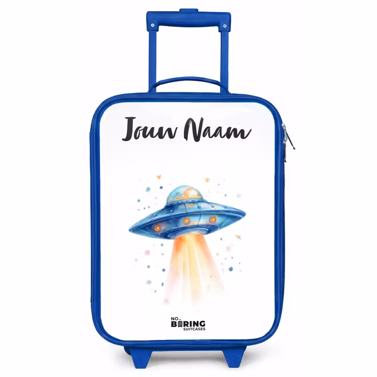Kinderkoffer met naam - Blauw - Blauw ruimteschip met lichtstraal — 1