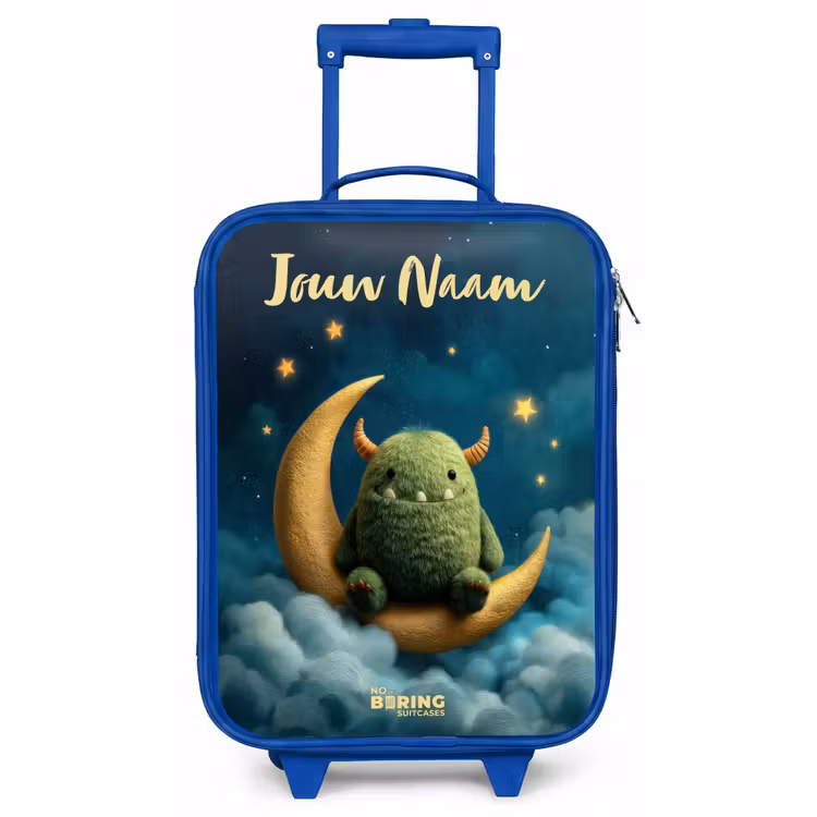 Kinderkoffer met naam - Blauw - Groen monster op maansikkel — 1