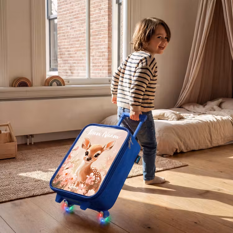 Kinderkoffer met naam - Blauw - Hertje - Bloemen - Stippen - Roze — 3