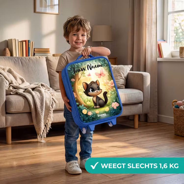 Kinderkoffer met naam - Blauw - Kat - Vlinder - Bloemen — 2