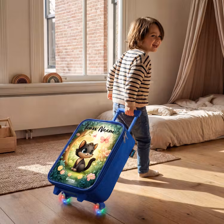 Kinderkoffer met naam - Blauw - Kat - Vlinder - Bloemen — 3