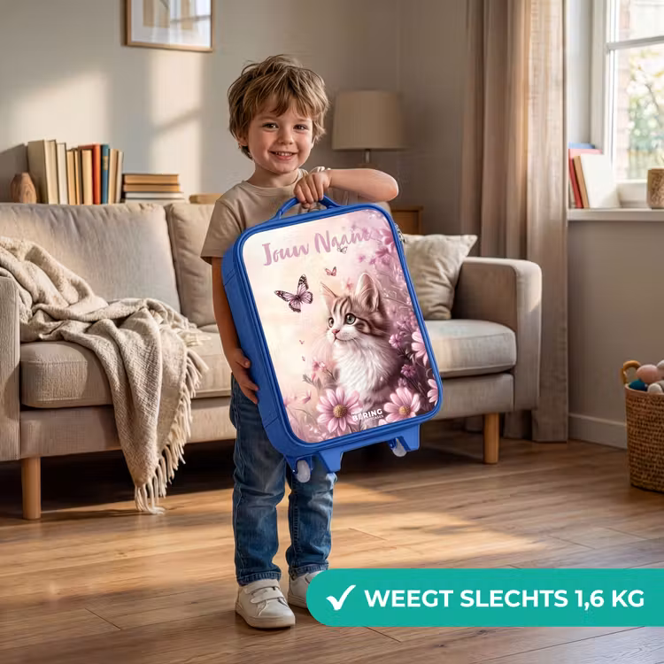 Kinderkoffer met naam - Blauw - Kitten - Vlinders - Paars - Bloemen — 2