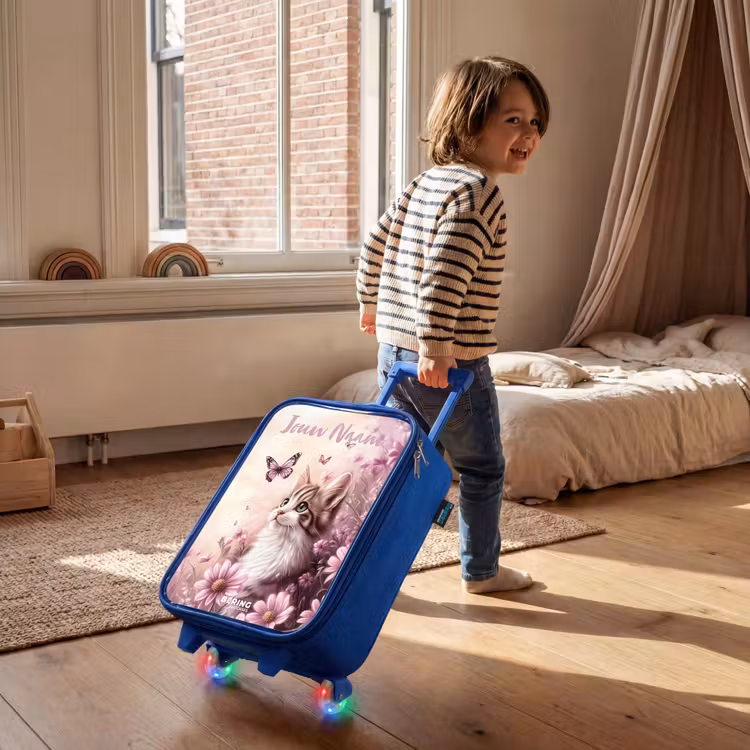 Kinderkoffer met naam - Blauw - Kitten - Vlinders - Paars - Bloemen — 3