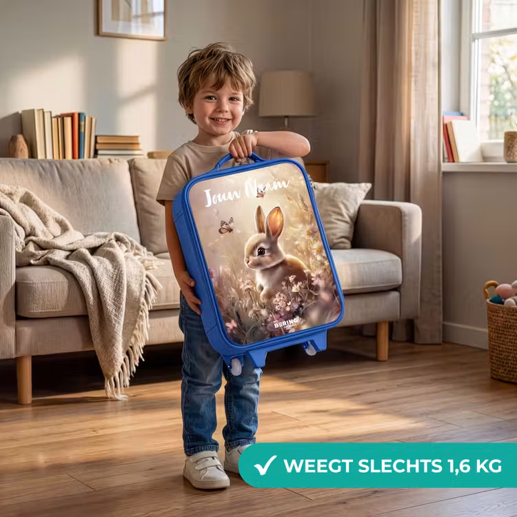 Kinderkoffer met naam - Blauw - Konijntje - Bruin - Bloemen - Vlinders — 2