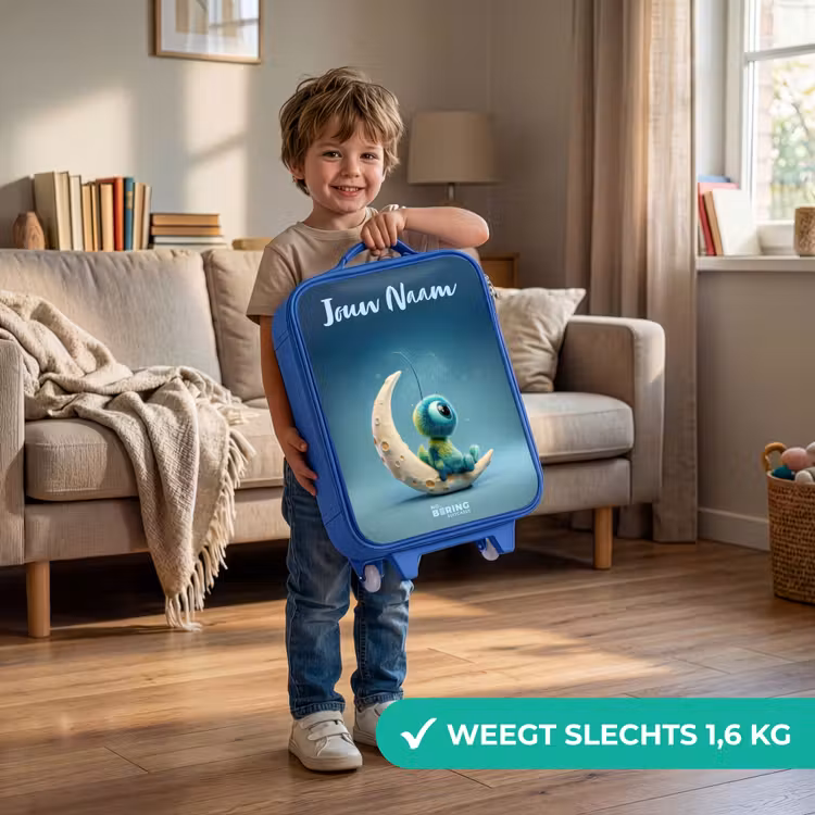 Kinderkoffer met naam - Blauw - Dromerig Wezentje op de Maan — 2