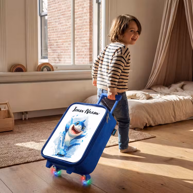 Kinderkoffer met naam - Blauw - Haai - Tanden - Water — 3