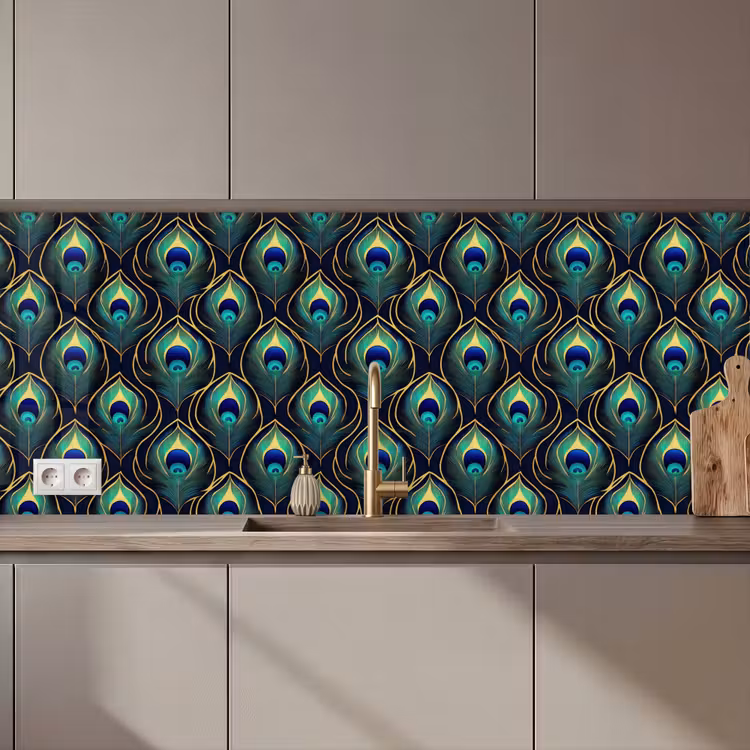 Keuken achterwand - Pauw - Veren - Groen — 1