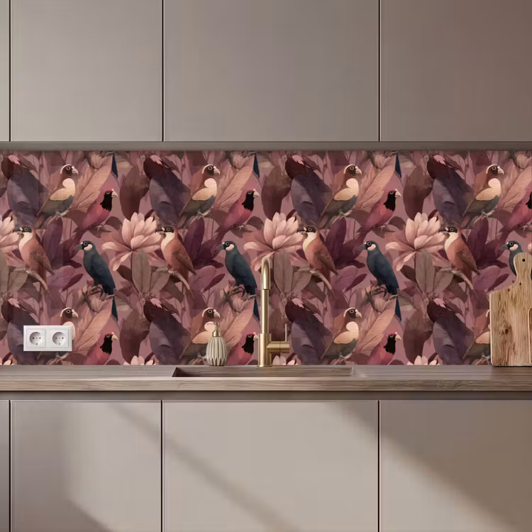 Keuken achterwand - Vogels - Bladeren - Roze — 1