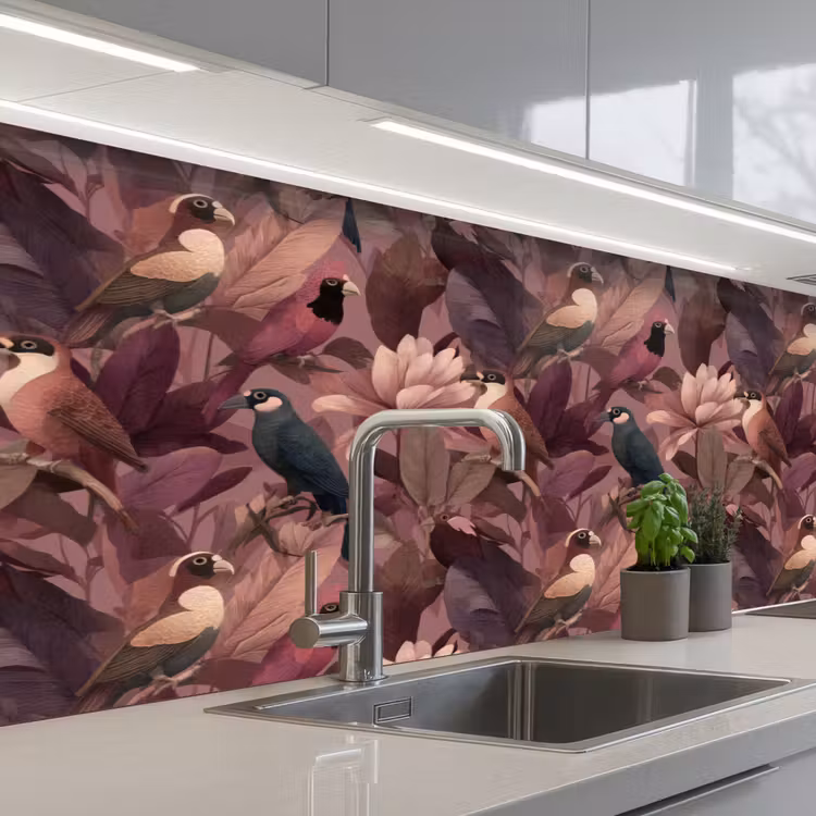 Keuken achterwand - Vogels - Bladeren - Roze — 2