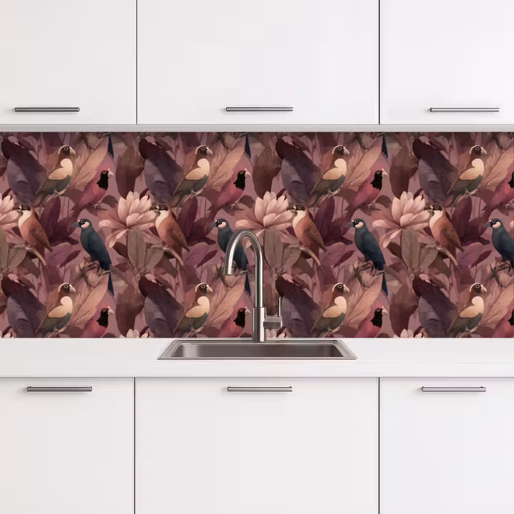 Keuken achterwand - Vogels - Bladeren - Roze — 4