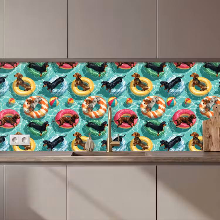 Keuken achterwand - Teckels - Zwembad - Kleurrijk — 1