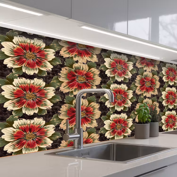 Keuken achterwand - Bloemen - Klassiek - Patroon - Rood — 2