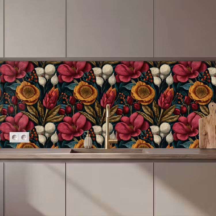 Keuken achterwand - Bloemen - Patroon - Rood - Goud — 1