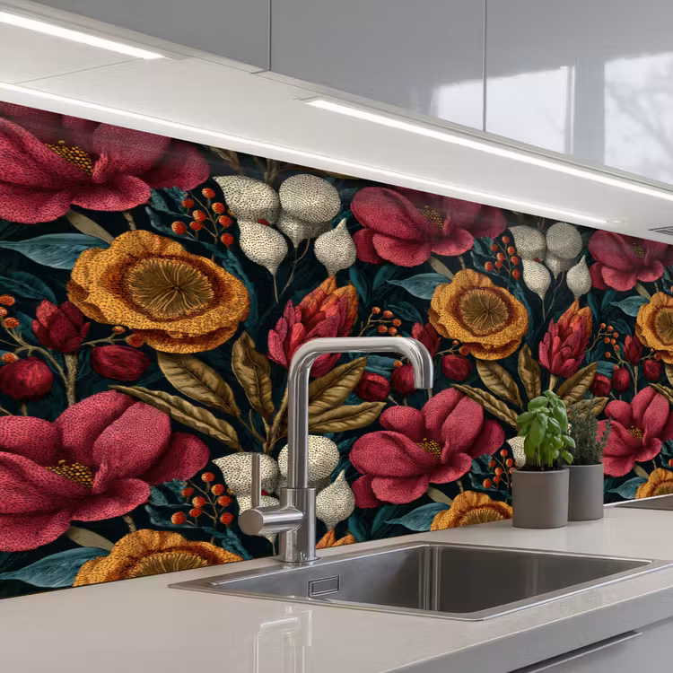 Keuken achterwand - Bloemen - Patroon - Rood - Goud — 2