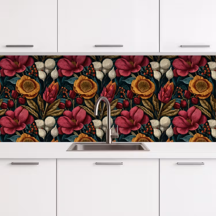 Keuken achterwand - Bloemen - Patroon - Rood - Goud — 4
