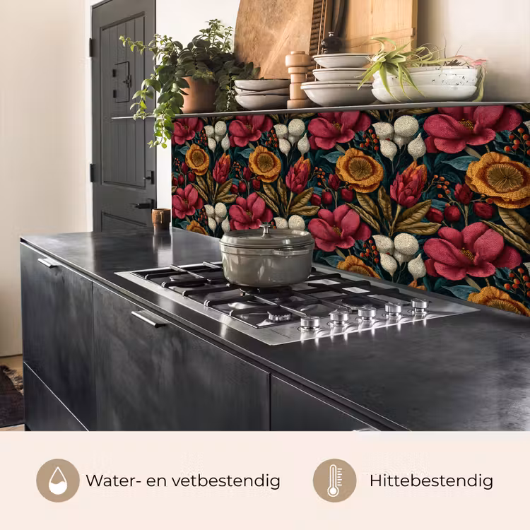 Keuken achterwand - Bloemen - Patroon - Rood - Goud — 5